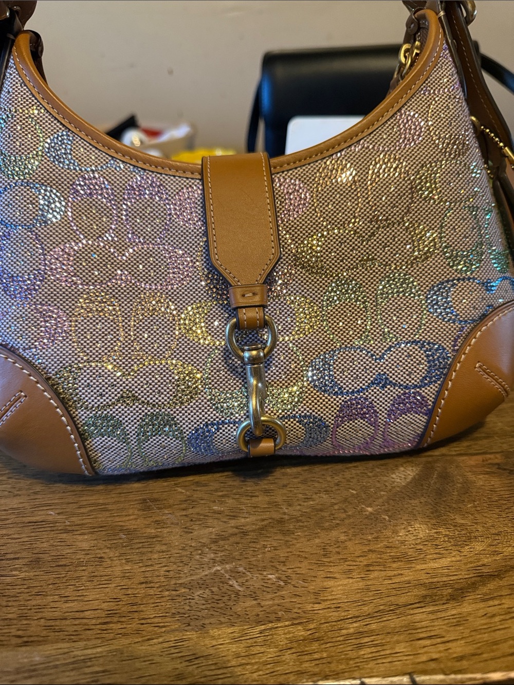 Coach Multicolor Signature Crescent Shoulder Bag with Tan Leather Trim - Picture 5 of 11